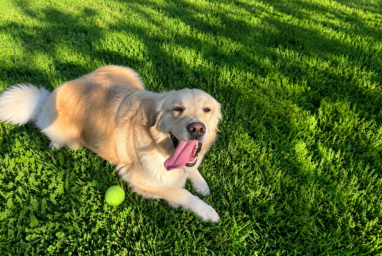 A golden retriever resting on grass with a tennis ball